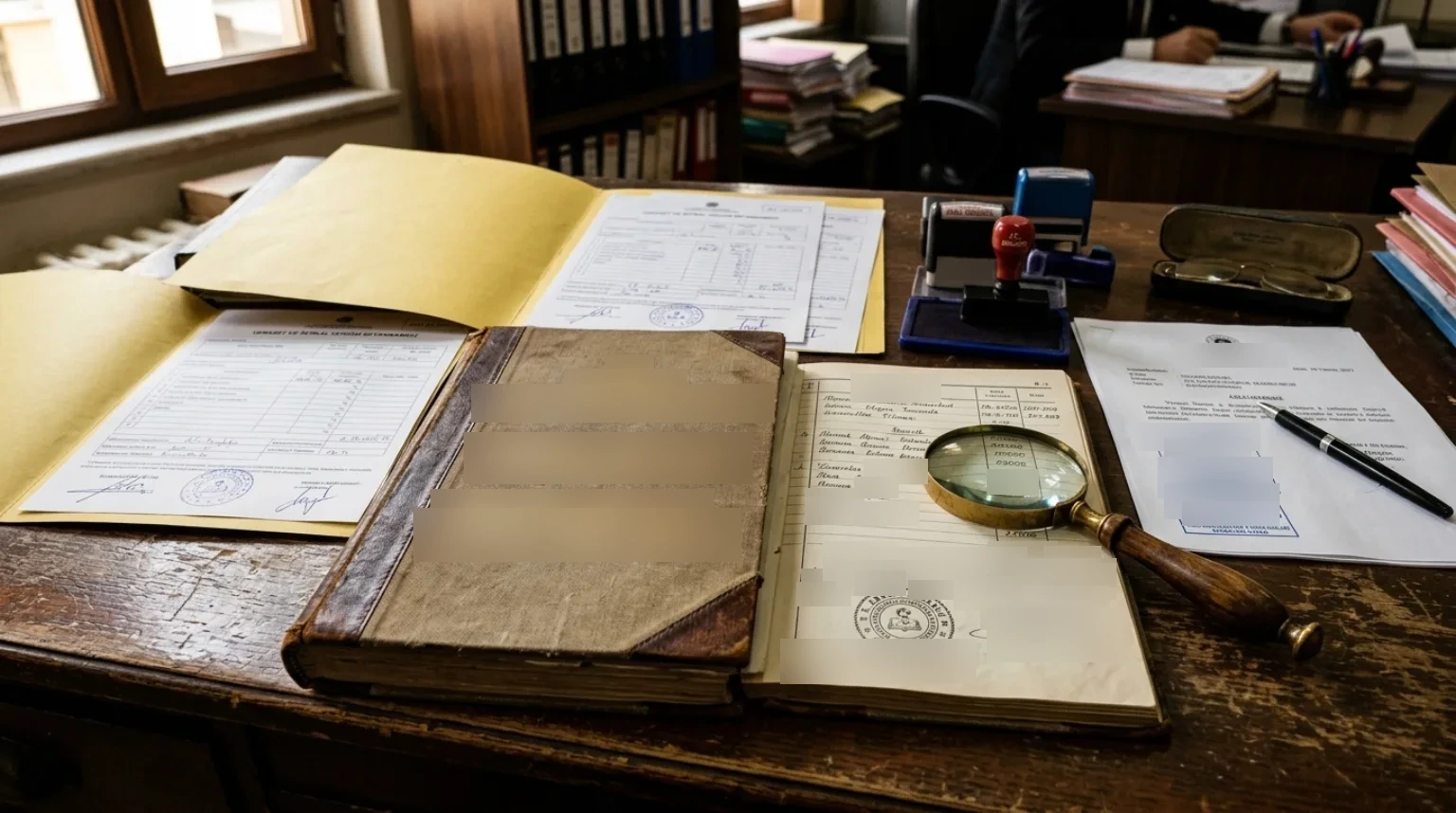 A Turkish civil court official estate inventory ledger and land registry records on an attorney conference table