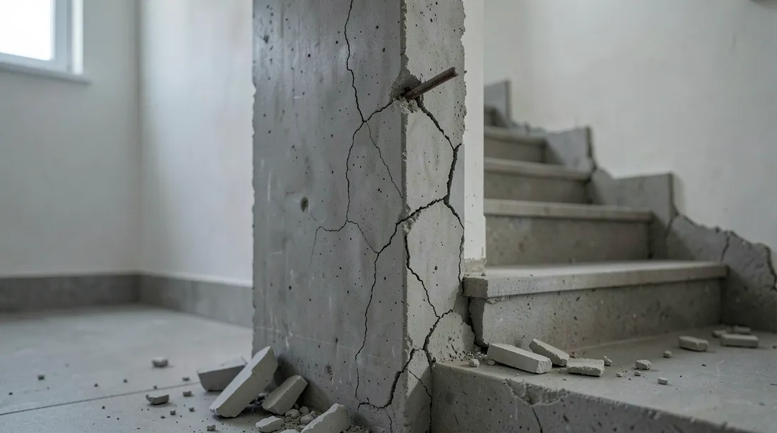 Close view of a cracked reinforced-concrete column in an apartment stairwell, with plaster broken away to show grey concrete and a few steel bars, plaster debris on the stone steps and soft daylight from a small window