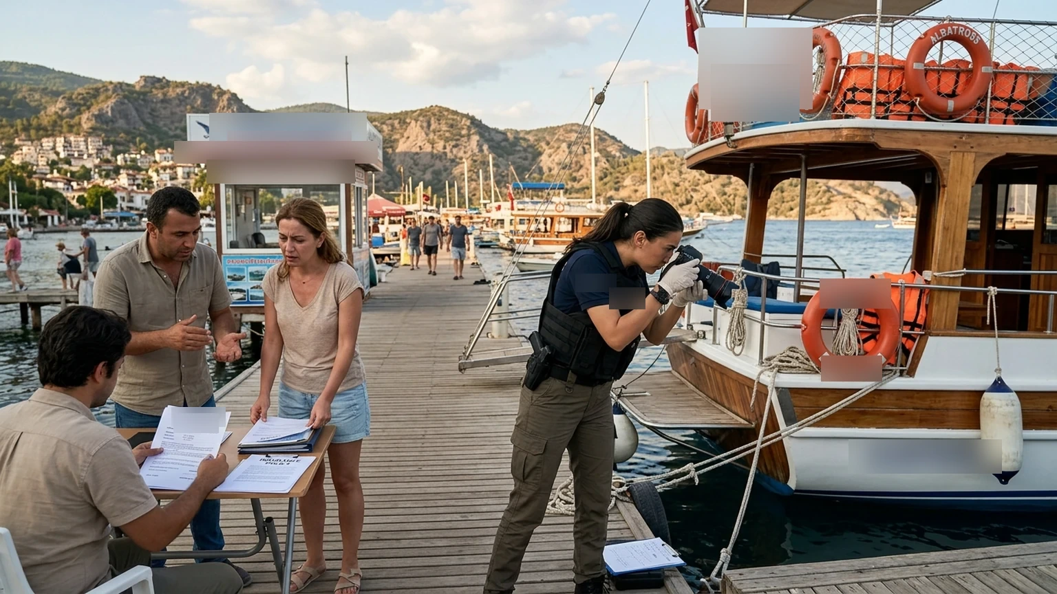 Investigator photographing excursion boat safety equipment while representatives review booking paperwork
