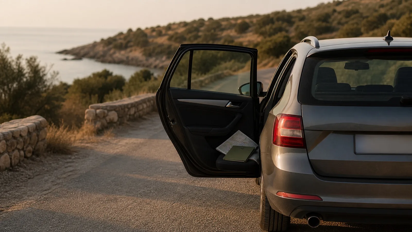 A car with an open door on a coastal road, documents on the seat.