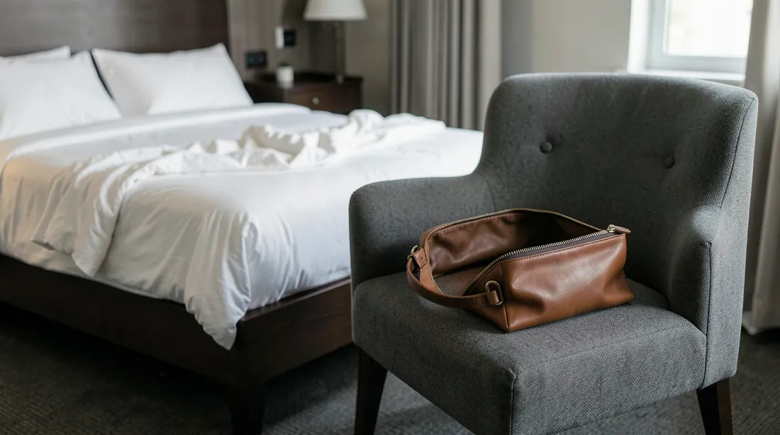 A brown leather bag lies on a grey armchair beside a rumpled white bed in a hotel room; no one is in the room