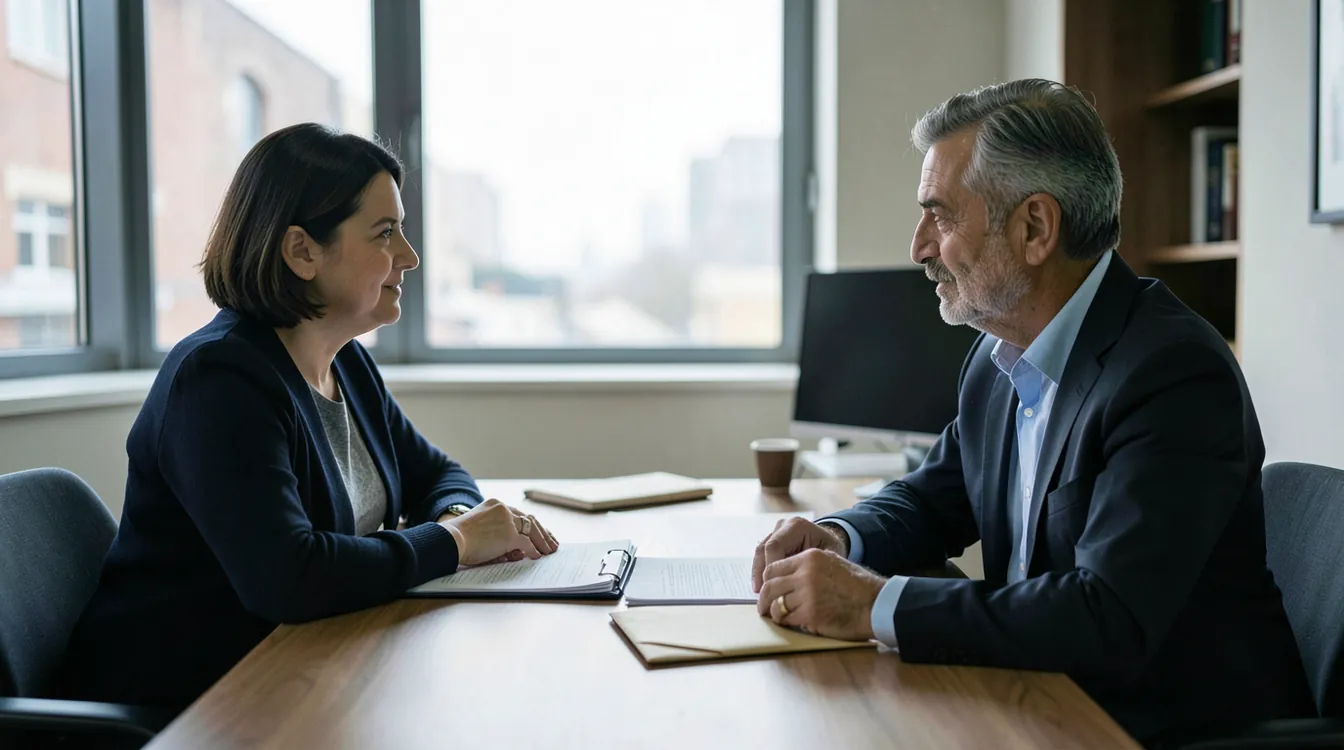 Two adult family members in dark plain clothes and a lawyer at a quiet meeting table in an Istanbul office with folders and a closed envelope, soft window light