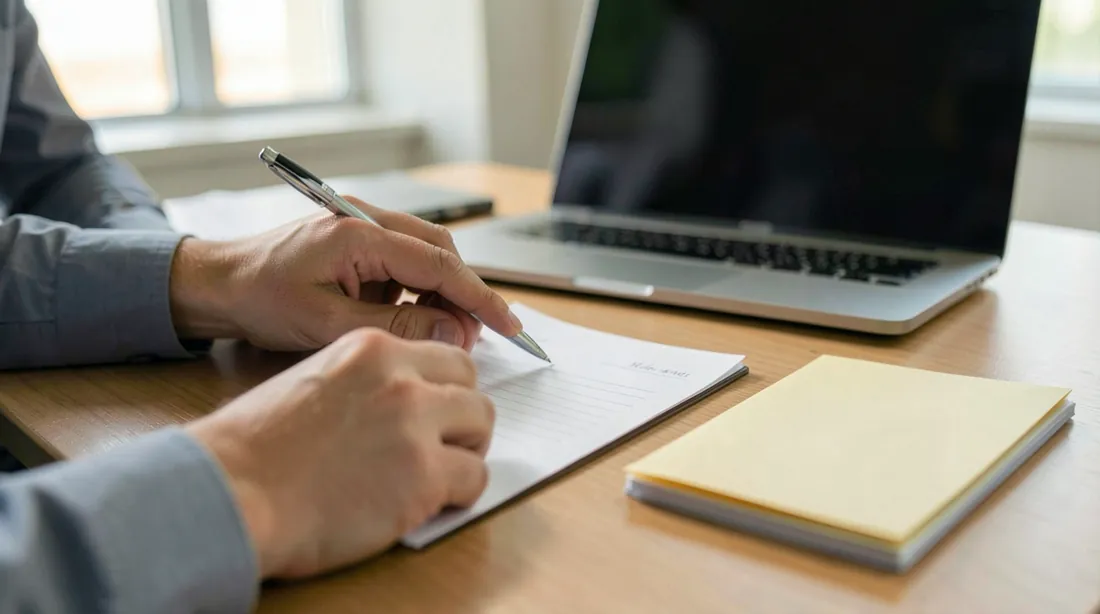 Close-up of hands at a desk completing a blank form with a pen next to a laptop, a folder and a stack of envelopes in warm office light