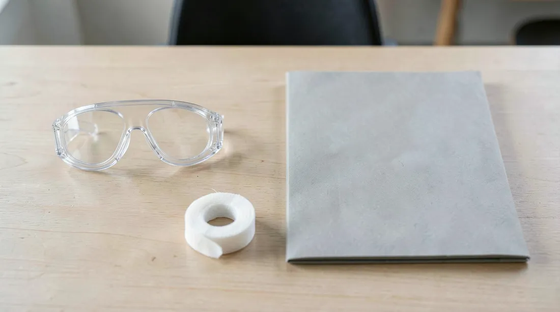 Clear safety goggles, a single roll of white gauze and a closed plain grey folder lie on a light wooden table; the blurred back of a dark chair is visible along the top edge