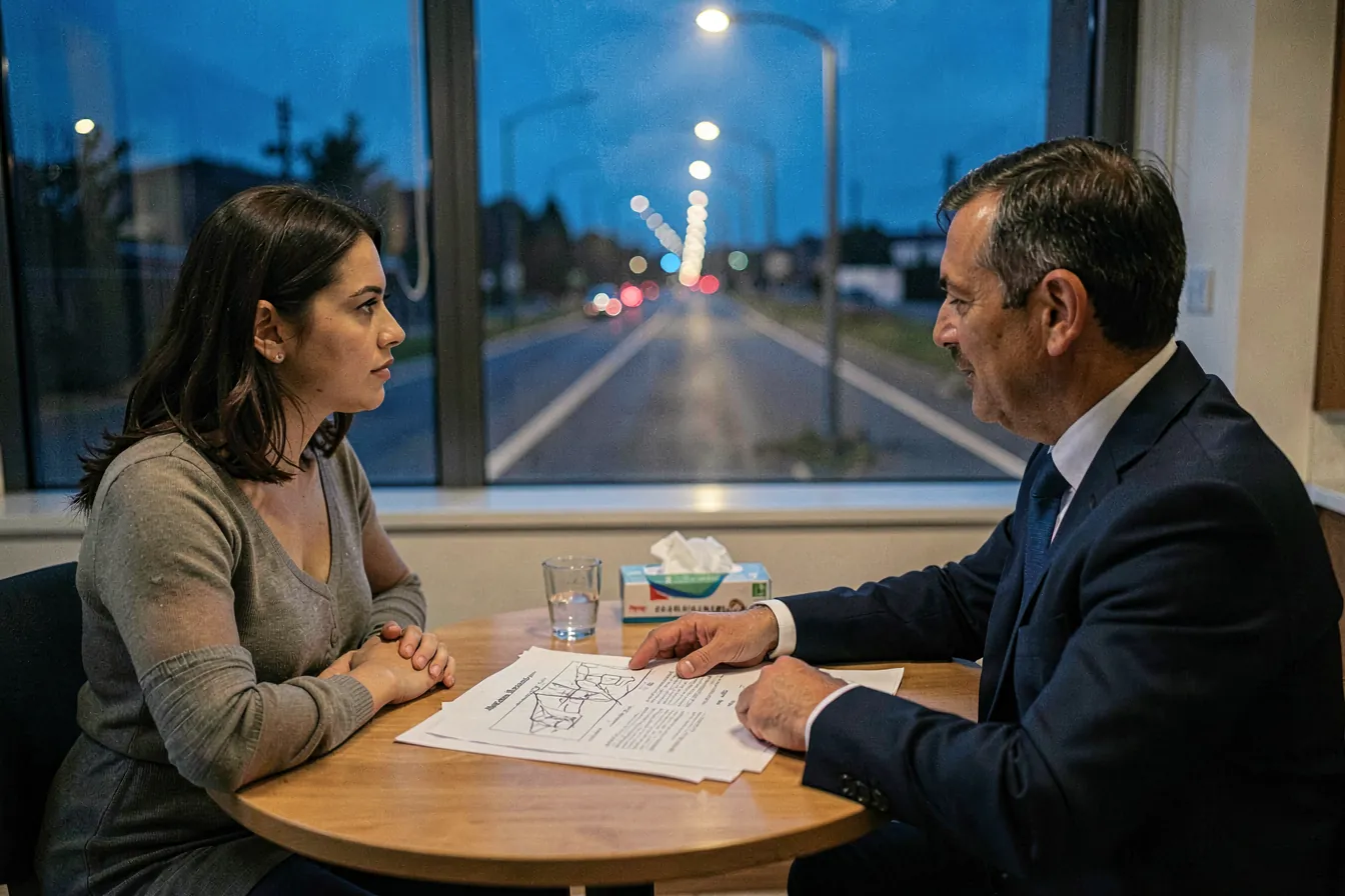 Injured pedestrian's family reviewing a traffic accident file with a lawyer at an office table, with an empty road visible through the window