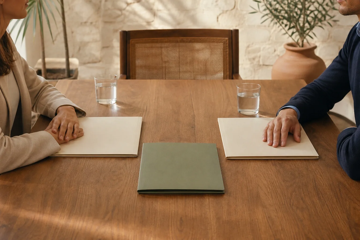 An empty mediation table set for a meeting.