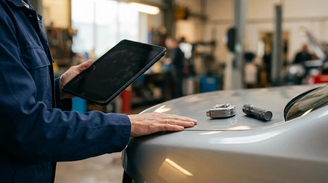 Loss adjuster measuring repaired panels and recording vehicle details on a tablet in a workshop