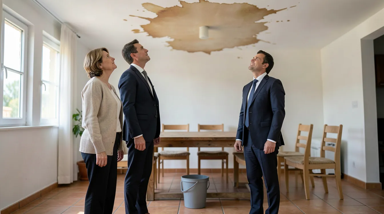 A foreign woman in her fifties in a beige cardigan and two men in dark suits stand in a bright Mediterranean-style living room looking up at a large brown water stain spreading across the white ceiling above a wooden dining table; a grey plastic bucket stands on the terracotta-tiled floor
