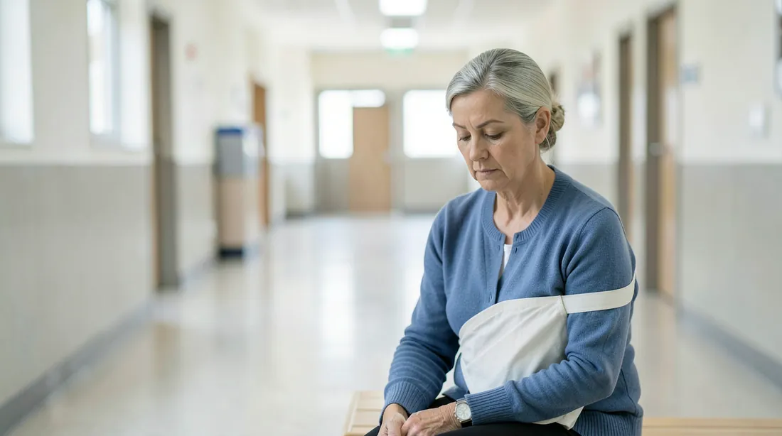 A grey-haired woman in her fifties in a blue cardigan sits on a wooden bench in a bright, blurred hospital corridor, her left arm in a white sling, looking down thoughtfully