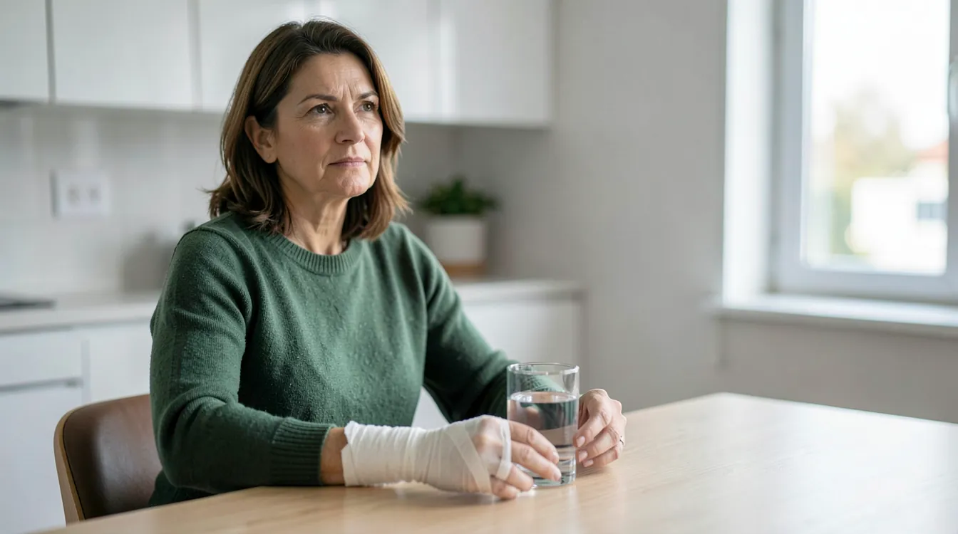 In a bright home kitchen with plain white cupboards out of focus, a woman in her forties in a plain green sweater sits at a bare wooden kitchen table, her right hand wrapped in a clean white gauze bandage resting on the table, her left hand holding a glass of water, looking toward the window