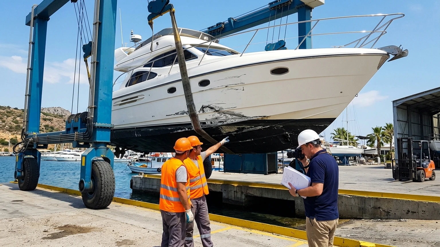 Damaged luxury sailing yacht docked in a Turkish marina undergoing independent insurance surveyor inspection